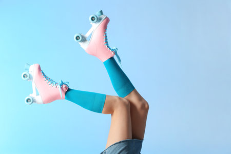 Woman with vintage roller skates on color background, closeup. Space for textの写真素材
