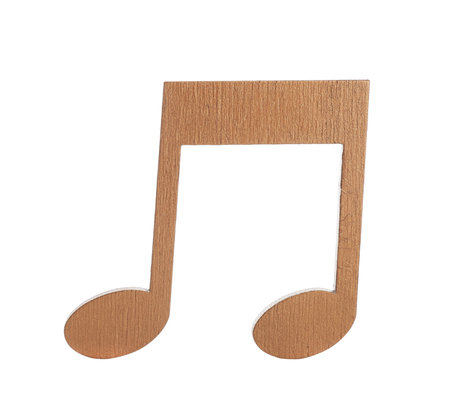 Brown wooden music note isolated on whiteの写真素材