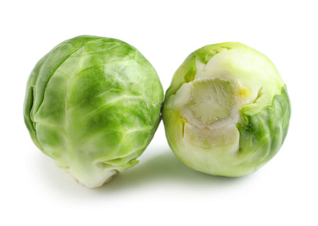 Fresh tasty Brussels sprouts on white backgroundの写真素材