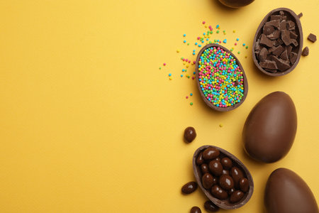 Tasty chocolate Easter eggs on color background, flat lay with space for textの写真素材