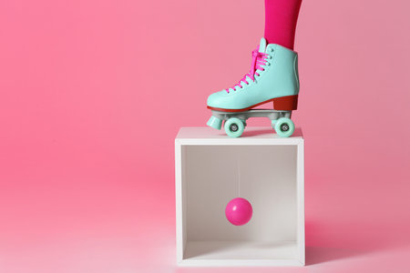 Woman wearing vintage roller skate and storage cube with ball against color background, closeup. Space for textの写真素材