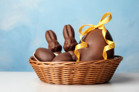 Wicker basket with sweet chocolate Easter eggs and bunnies on table against color backgroundの写真素材
