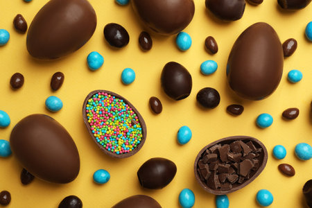 Flat lay composition with chocolate Easter eggs on color background