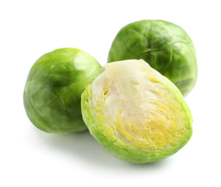 Fresh tasty Brussels sprouts on white backgroundの写真素材