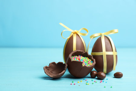 Composition with chocolate Easter eggs on table. Space for textの写真素材