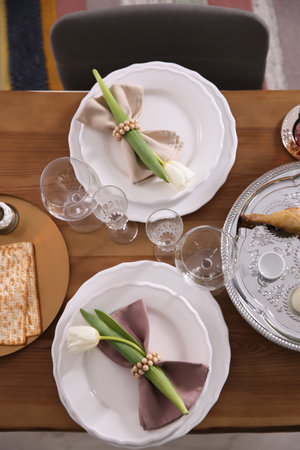 Festive Passover table setting, top view. Pesach celebrationの写真素材