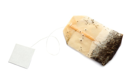 Used tea bag on white background, top view. Mockup for designの写真素材