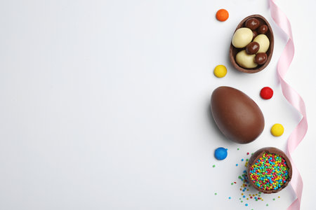 Flat lay composition with chocolate Easter eggs and space for text on white backgroundの写真素材