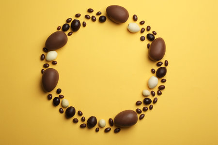 Flat lay composition with chocolate Easter eggs and space for text on color background