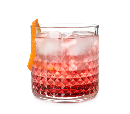 Glass of refreshing cocktail with ice cubes on white backgroundの写真素材