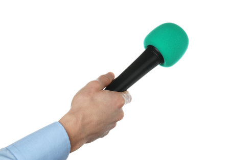 Woman holding microphone on white background, closeupの写真素材