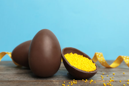 Composition with chocolate Easter eggs on table against color background. Space for text