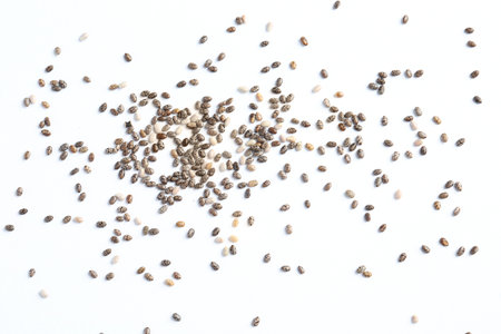Chia seeds isolated on white, top viewの写真素材