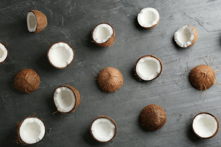 Coconut pattern on gray table, flat layの写真素材