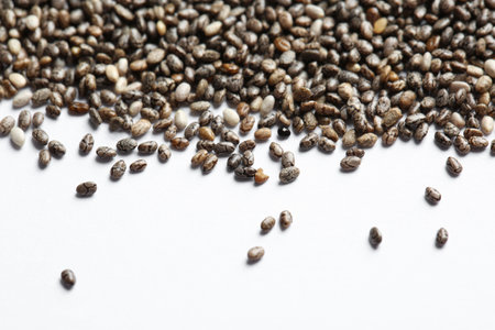 Chia seeds scattered on white background. organic superfoodの写真素材