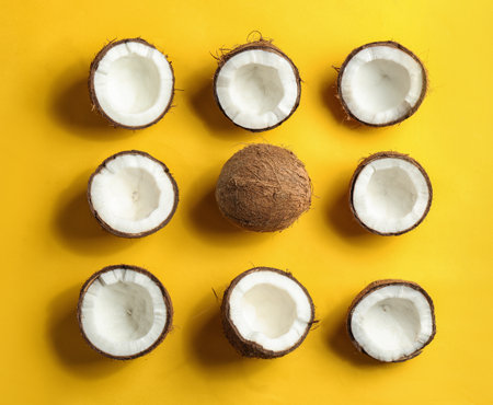 Coconut pattern on color background, flat layの写真素材