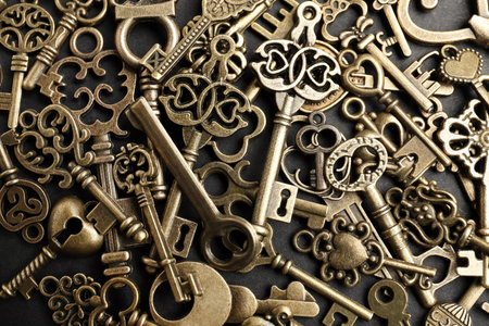 Bronze vintage ornate keys on dark background, top viewの写真素材