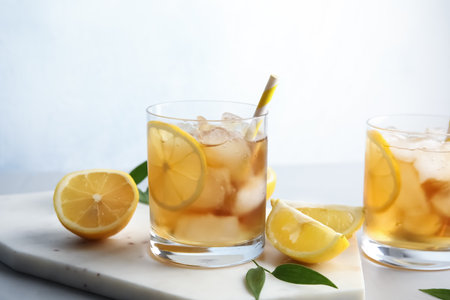 Glasses of lemonade with ice cubes and fruit on table against color backgroundの写真素材