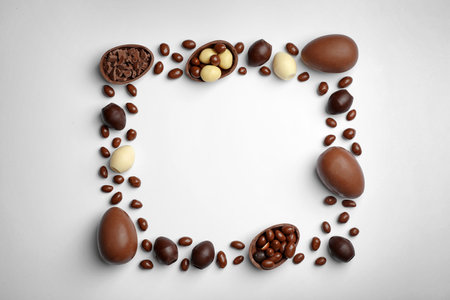 Flat lay composition with chocolate Easter eggs and space for text on white backgroundの写真素材