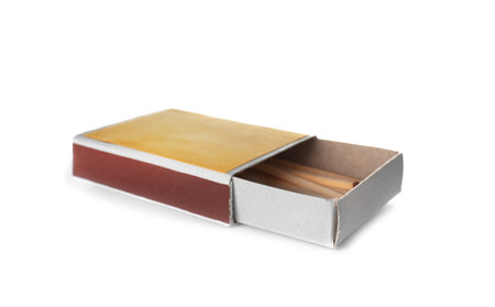 Cardboard box with matches on white backgroundの写真素材