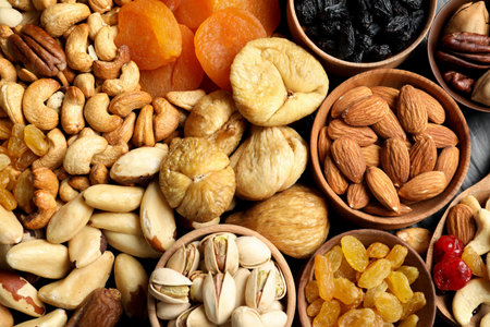 Composition of different dried fruits and nuts, top viewの写真素材