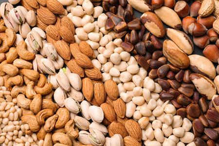 Organic mixed nuts as background, top viewの写真素材