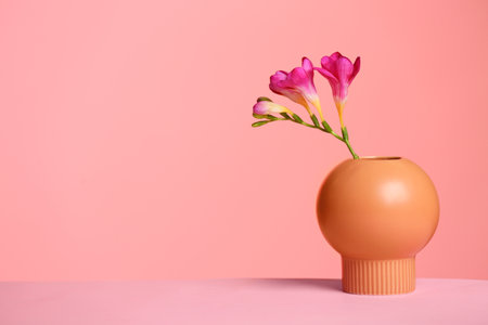 Stylish vase with beautiful flower on table against color background, space for textの写真素材