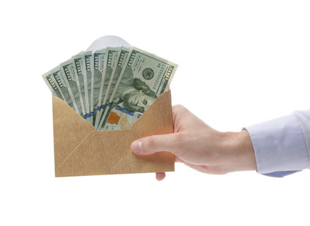 Man holding envelope with dollar banknotes on white background, closeup