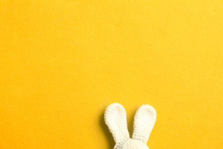 Easter bunny ears on color background, top view. Space for text