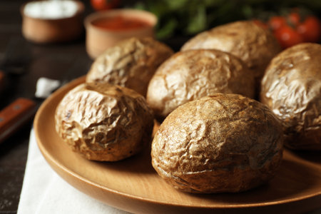 Plate with tasty baked jacket potatoes on table, closeupの写真素材
