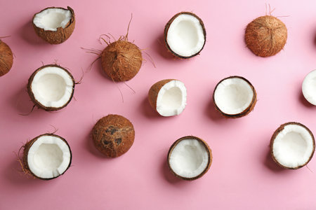 Coconut pattern on color background, flat layの写真素材