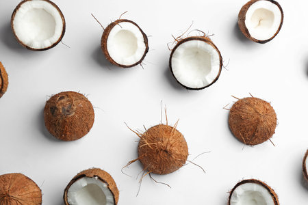 Coconut pattern on white background, top viewの写真素材