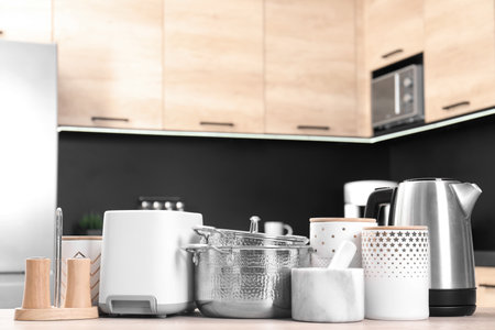 Set with modern domestic appliances in kitchenの写真素材