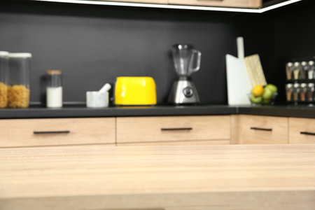 Countertop and blurred view of kitchen interior on backgroundの写真素材