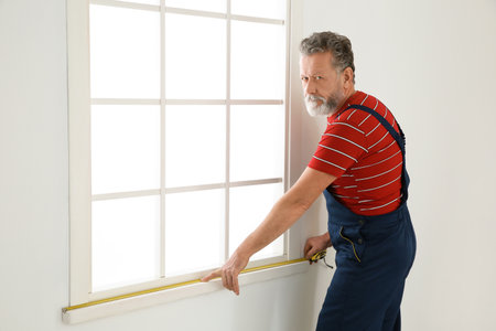 Service man measuring window for installation indoorsの写真素材