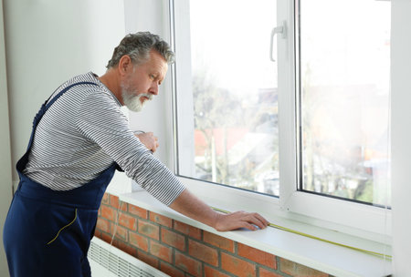 Service man measuring window for installation indoorsの写真素材