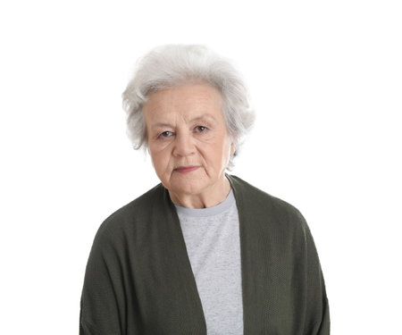 Portrait of mature woman isolated on whiteの写真素材