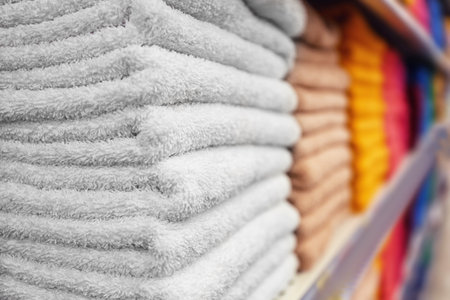 Stacks of colorful towels on store shelf, closeupの写真素材