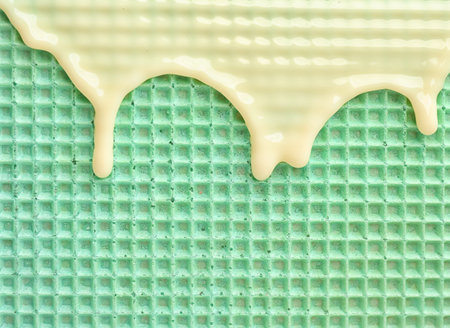 Hot white chocolate on wafer, closeup. Crispy food
