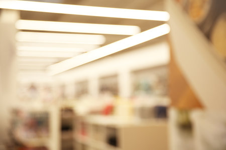 Blurred view of modern shopping mall interiorの写真素材