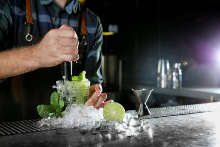 Barman making Mojito cocktail at counter in pub, closeup. Space for textの写真素材