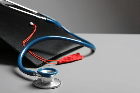 Graduation hat and stethoscope on gray table, closeup view with space for text. medical educationの写真素材