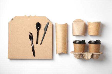 Different containers for mock up design on white background, flat lay. food delivery serviceの写真素材