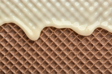 Hot white chocolate on wafer, closeup. Crispy foodの写真素材