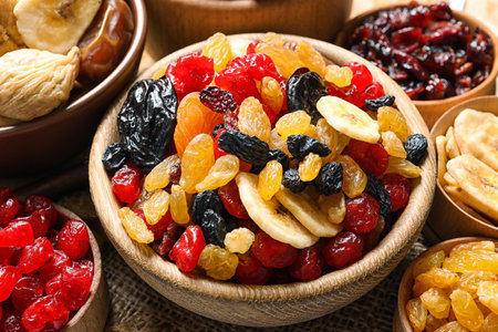 Bowls with different dried fruits on table, closeup. healthy lifestyleの写真素材