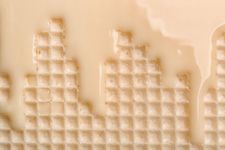 Hot white chocolate on wafer, closeup. Crispy foodの写真素材