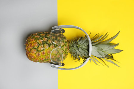 Fresh pineapple with headphones and glasses on color background, top viewの写真素材