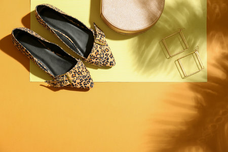Flat lay composition with lady's shoes on color background, space for textの写真素材