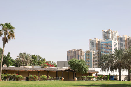 SHARJAH, UNITED ARAB EMIRATES - NOVEMBER 04, 2018: Beautiful landscape with tropical resort on sunny dayの写真素材