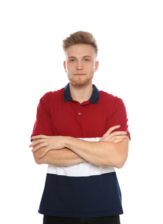 Portrait of handsome young man on white backgroundの写真素材